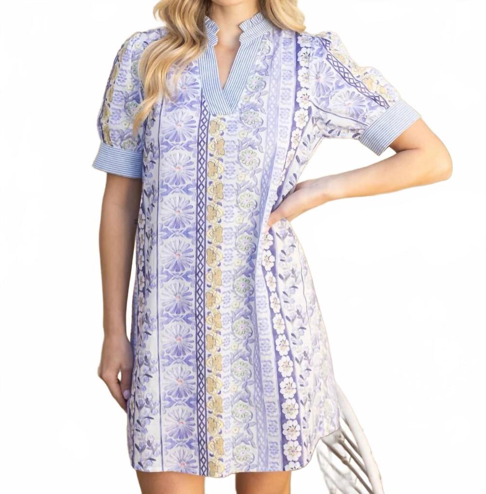 NEW VOY embroidered mixed print mini dress in blue
